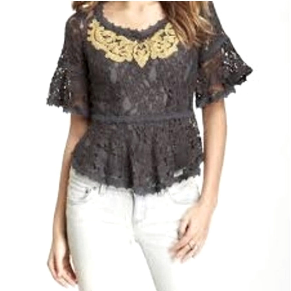 Free People lace green yellow flounce peplum boho romantic feminine top Size XS